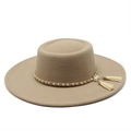 Detail of khaki wool felt hat featuring a gold chain with pearls and elegant tassels - M(56-58cm) / Khaki