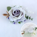 Elegant purple artificial rose wrist corsage with gold leaves and lace elastic band - Wrist Corsage / White Purple