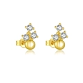 Elegant gold S925 sterling silver stud earrings featuring three clear zircon stones - MME763-2 Gold Four Stones Bead