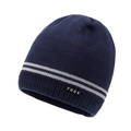 Dunkelblaue Rippstrick-Beanie mit grauen Streifen und FBQE-Tag für den Winter - Einheitsgröße / Marineblau
