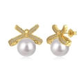 Elegant gold bow earrings with white pearls and sparkling cubic zirconia stones - Bowknot Pearl Earrings / Gold