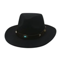 Classic black wool fedora hat with brown leather belt and turquoise gemstone accent - One Size(56-58cm) / Black [Rhombus Turquoise Decor]