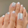Elegant white press-on toenails with silver glitter vertical lines for foot glamour - White Silver Glitter Powder Style (XD-93-40)