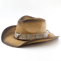 Detailed view of straw cowboy hat with vintage rivet band and bull head metal ornament - M(56-58cm) / Khaki Coffee Gradient
