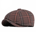 Classic British style newsboy hat with brown plaid wool texture in a side view - One Size 56-58cm / Woolen-Dark Coffee