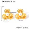 Detailed view showing 3.8cm gold flower earrings with white pearl and steel petals - TXF076-Large 3-Petal Flower / Gold