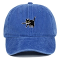 Detailed embroidery of a black cat holding a knife on a washed navy cotton baseball cap - Adjustable / Sapphire Blue