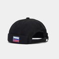 Detail of adjustable metal buckle strap on a black cotton Miki hat with Russian flag patch - Adjustable / Black