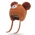 Brown knitted baby winter hat with bear embroidery, faux fur poms, and earflaps - One Size / Caramel color