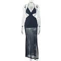 Detail of black halter maxi dress showing sheer mesh paneling and side cut-outs - S / Black
