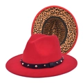 Detail of red wool fedora with leopard print brim and studded leather band decor - M (56-58cm) / Red