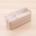 Beige double-layer 750ml microwave bento box with cutlery and transparent lid - Double Layer-Beige (750ml)-Heat Shrink Film