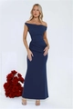 Detail of the navy blue off-shoulder maxi dress with elegant waist pleats and slim fit silhouette - S / Blue