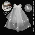 Luminous white tulle bow hair clip with 3D flowers and elegant veil for kids and weddings - Rhinestone Bow Small Flower Veil