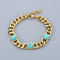 Gold Cuban chain bracelet featuring three hexagonal turquoise stones with lobster clasp - Gold Turquoise Style (KB184846-AQ)