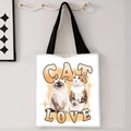 Off-white canvas tote bag featuring realistic cat print and durable black handles - Cat Love English Style(jiayingstd56)