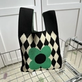 Knitted tote bag with black and white diamond pattern and green floral motif detail - Black Argyle Small Flower