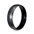 Modern black titanium steel ring with silver Damascus wood grain pattern for men and women - 6mm Width / US 6