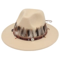 Ethno-Filzhut mit breiter Krempe, Feder-Accessoires und Vintage-Stammesmuster-Band - Beige (Große Feder)