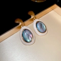 Detailed close-up of vintage gold earrings with iridescent blue-green shell inlay - Gold White Oval Color Block Style (HE15929)