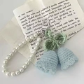 Handmade light blue crochet lily of the valley keychain with white pearls and silver clasp - 2 Flowers / Lake Blue