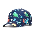 Kids navy baseball cap featuring colorful cartoon dinosaur prints and curved brim - Navy Dinosaur Print