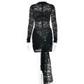 Abito corto sexy in pizzo nero a maniche lunghe con dettagli arricciati e collo alto - S / Nero