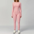 Pink ribbed long-sleeve yoga jumpsuit with body-shaping seams and crew neck design - S / Top And Bottom / Dusty Pink