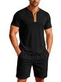 Men's summer casual two-piece set featuring charcoal grey color-block Henley shirt and shorts - Black