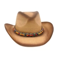 Klassischer Western Strohhut in Hellbraun mit einem bunten ethnischen Perlenhutband - Einheitsgröße(56-58cm) / Beige Kaffee (Große Perlen)