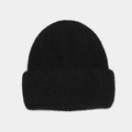 Solid black angora rabbit fur knit beanie hat with thick vertical ribbed texture - Black