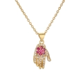 Gold plated palm pendant necklace with pink flower zircons on a delicate O-chain - Palm Charm / Rose Red