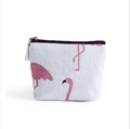 White canvas coin purse with pink flamingo print, metal zipper, and leather tassel - White Flamingo