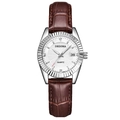 Classic silver quartz watch with brown crocodile leather strap and date display window - Brown Strap Silver Case White Dial Women's
