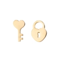 Close-up of golden asymmetric heart key and lock stud earrings with polished finish - 428 Lock Key / Gold
