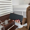 Classic black long PU leather wallet with vertical quilting and a gold metal zipper - Black