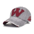 Vintage grey washed cotton baseball cap with red embroidered W patch and distressed brim - M (56-58cm) / Gray