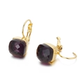 Elegant gold-plated leverback earrings featuring square purple crystal glass stones - Gold Deep Purple Square Style (KE79015-GC)