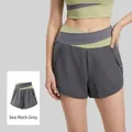 Rock gray color-block yoga shorts with a criss-cross high waist for a slimming fitness look - S / Sea Rock Grey