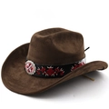 Brown faux suede western cowboy hat featuring wide brim and ethnic embroidered leather band - M(56-58cm) / Coffee