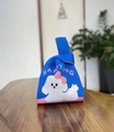 Blue and pink knitted bucket bag featuring a Bichon Frise pattern and Happy Dog text - Blue Happy Dog