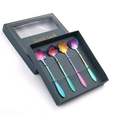Set of 4 rainbow stainless steel flower spoons in a grey gift box with Good Luck text - B Style Short Flower Spoon-Rainbow+Green Box / Rainbow/Green Box/4PCS