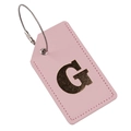 Pink PU leather luggage tag featuring a gold metal letter G and steel cable loop - Letter G