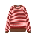 Pull classique en laine à rayures rouges et blanches avec col rond et poignets marrons - S / Rayures Rouges et Nues