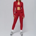 Women's 3-piece burgundy yoga set including zip jacket with thumbholes and leggings - S / Top And Bottom / Red