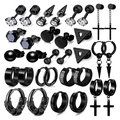 Detail shot of black stainless steel earring set with cross and geometric designs - Black Greek Key Cross Combination (36006)