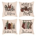 Set of four Christmas gnome and plaid tree linen pillow covers in beige finish - Xmas Gnome Art