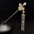 Antique silver butterfly tassel hair stick with white pearls in a black vase setting - Antique Gold