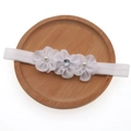 Elastic baby headband with three white chiffon flowers, pearls and a rhinestone - White Beads and Rhinestone