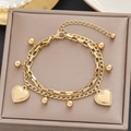 Double-layer 18k gold plated bracelet with Cuban chain, heart charms, and beads - Gold Double Layer Heart Layered Style (512)